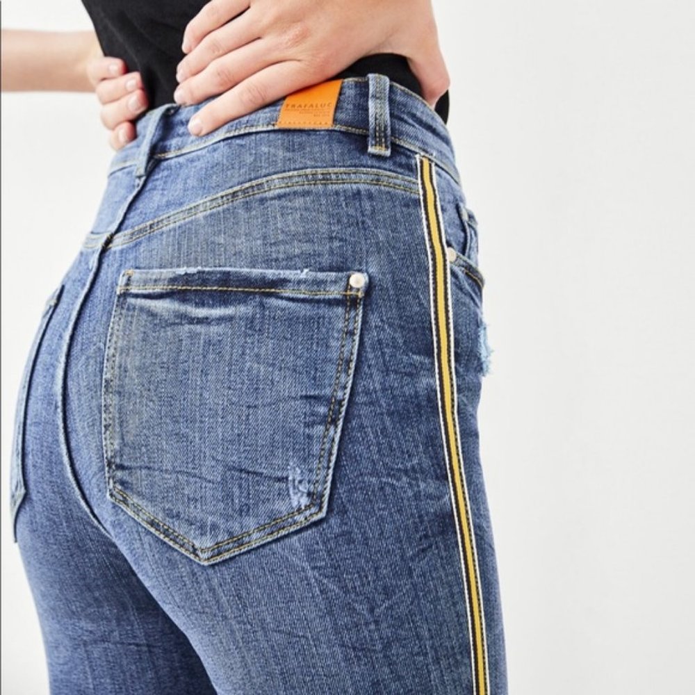 ZARA TRF Premium Hi Rise Yellow Ribbon Side Stripe Skinny Jeans US 8 EUR 40